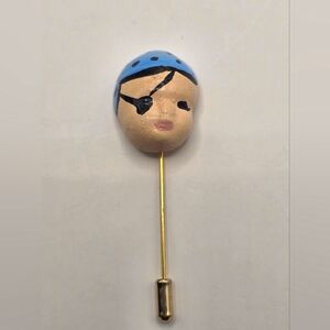 Pirate Doll Face Stick Pin with Blue Polk Dot Bandana